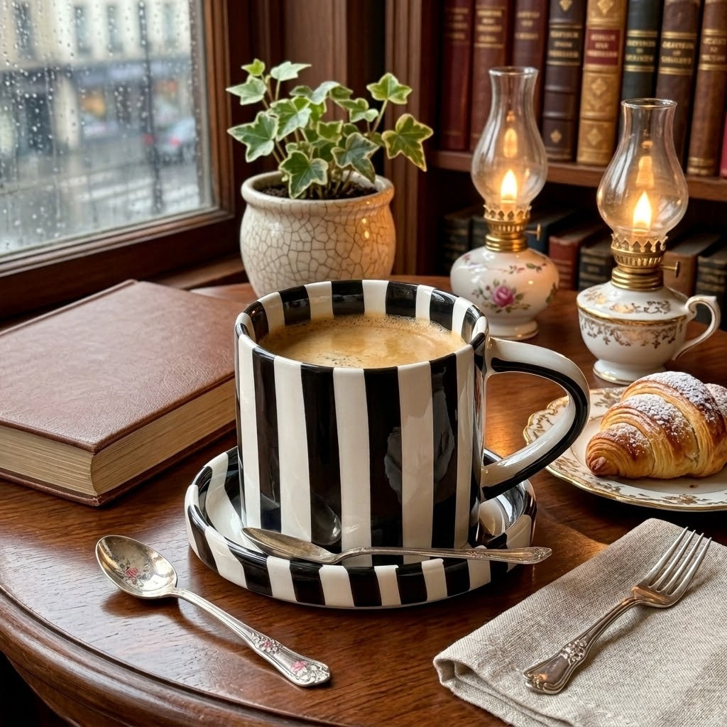 Striped Ceramic Coffee Cup and Saucer Set