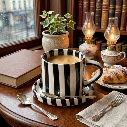Striped Ceramic Coffee Cup and Saucer Set