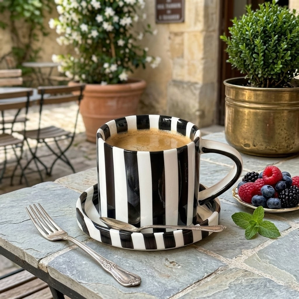 Striped Ceramic Coffee Cup and Saucer Set